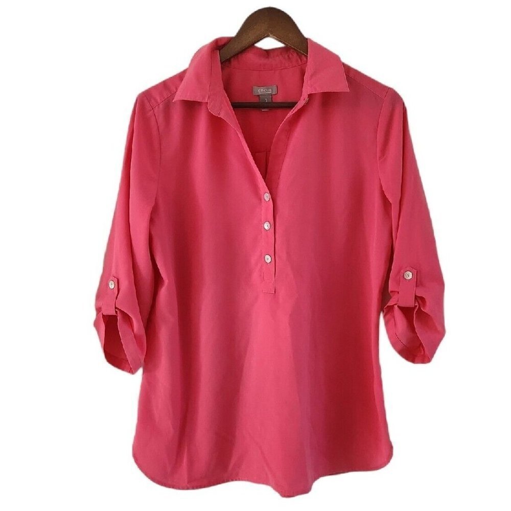Chicos Pink Polyester Quarter Button Front 3/4 Roll Tab Sleeves Tunic Size 1 M 8 - Picture 1 of 6